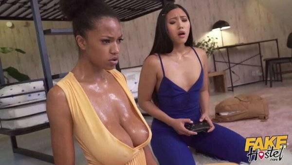 Asian Teen May & Ebony Babe Tina: Intense Gaming Leads to Sweaty Threesome on girlsasian.net