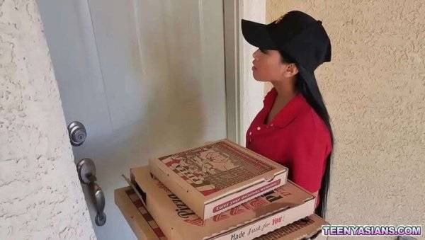 Two horny teens order pizza and fuck sexy Asian delivery girl Ember Snow on girlsasian.net