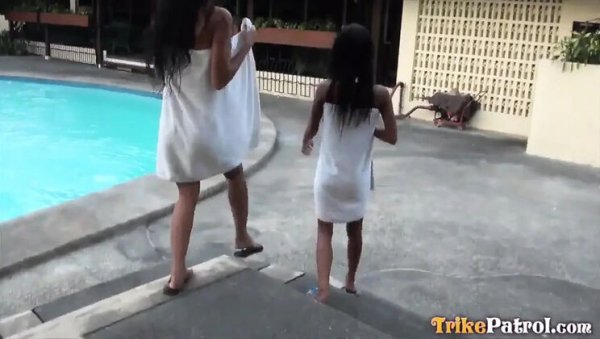 Asian Threesome Outdoor: Two Horny Friends Share Giant Foreign Cock by Pool on girlsasian.net