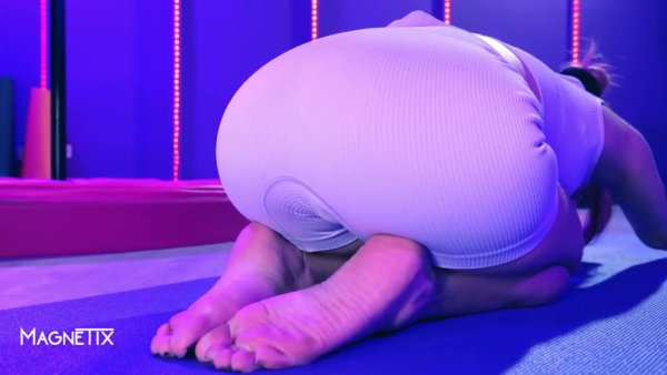 Fitness babe blends yoga poses with intimate self-touch on a purple mat on girlsasian.net
