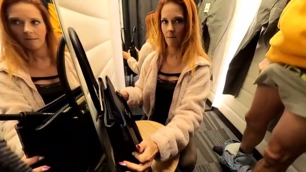 Redhead swallows cum in a mall dressing room then orders coffee with it still in her mouth on girlsasian.net