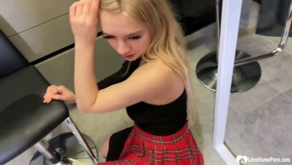 Long-haired blonde girlfriend goes down on her muscular boyfriend in the kitchen on girlsasian.net