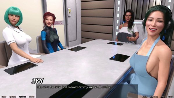 Curvy green-haired mistress initiates her young apprentice in a futuristic anime world on girlsasian.net